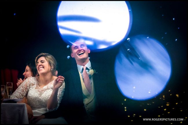 Christmas Marquee Wedding-42 Laughing bride and groom at a christmas wedding