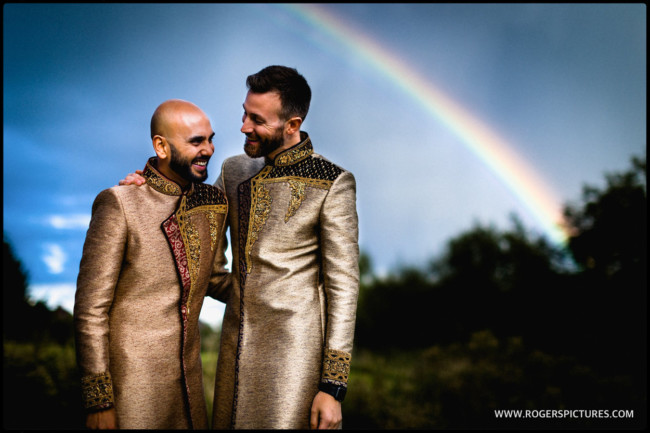 Great Barn Ruislip Wedding Photography-31 Same-sex wedding couple with a rainbow in the background
