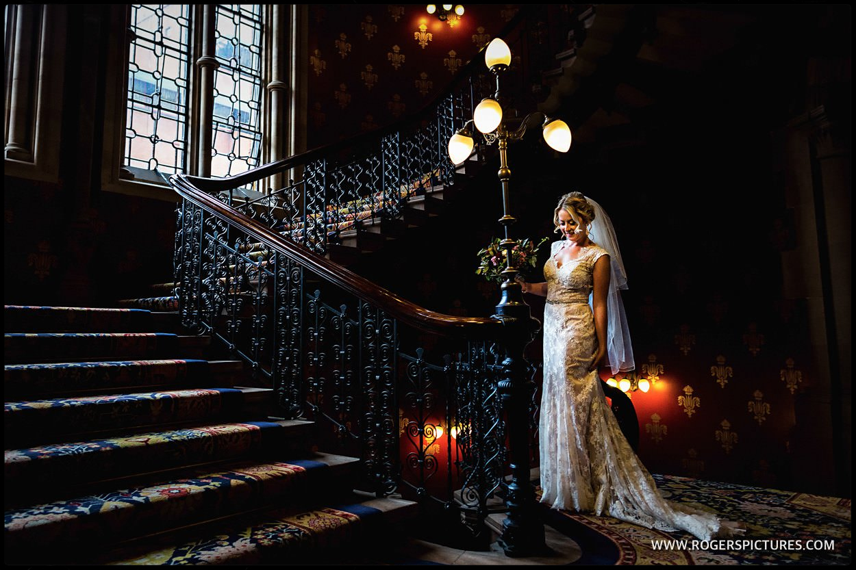 Bridal portrait on Spice Girls stair away at St Pancras Hotel