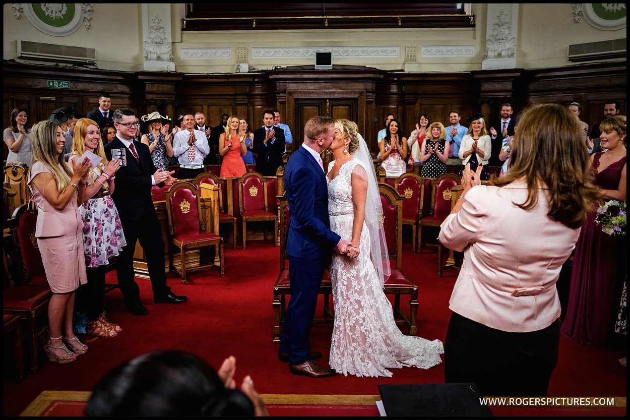 First kiss after London town Hall wedding