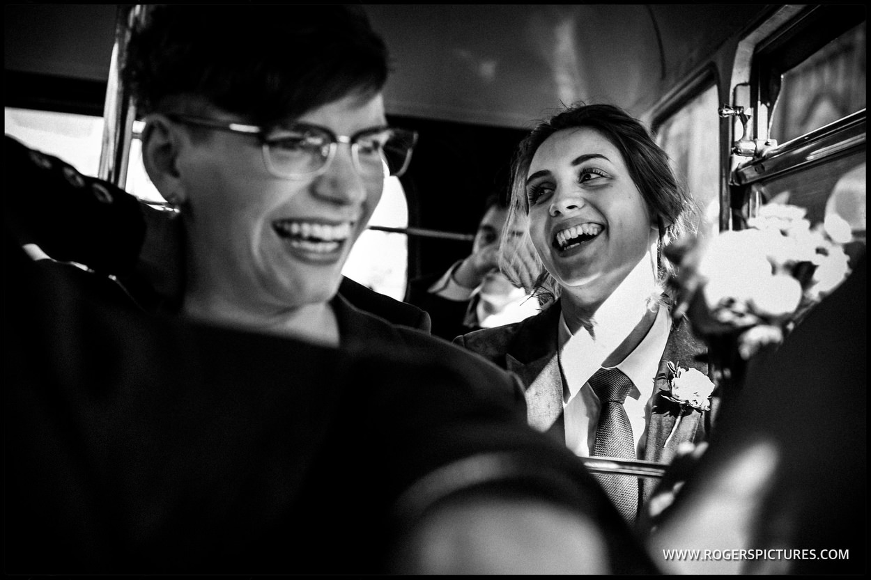 Wedding guests on London bus