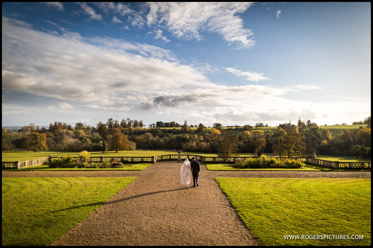 Bride and groom in Orchardleigh House Garden
