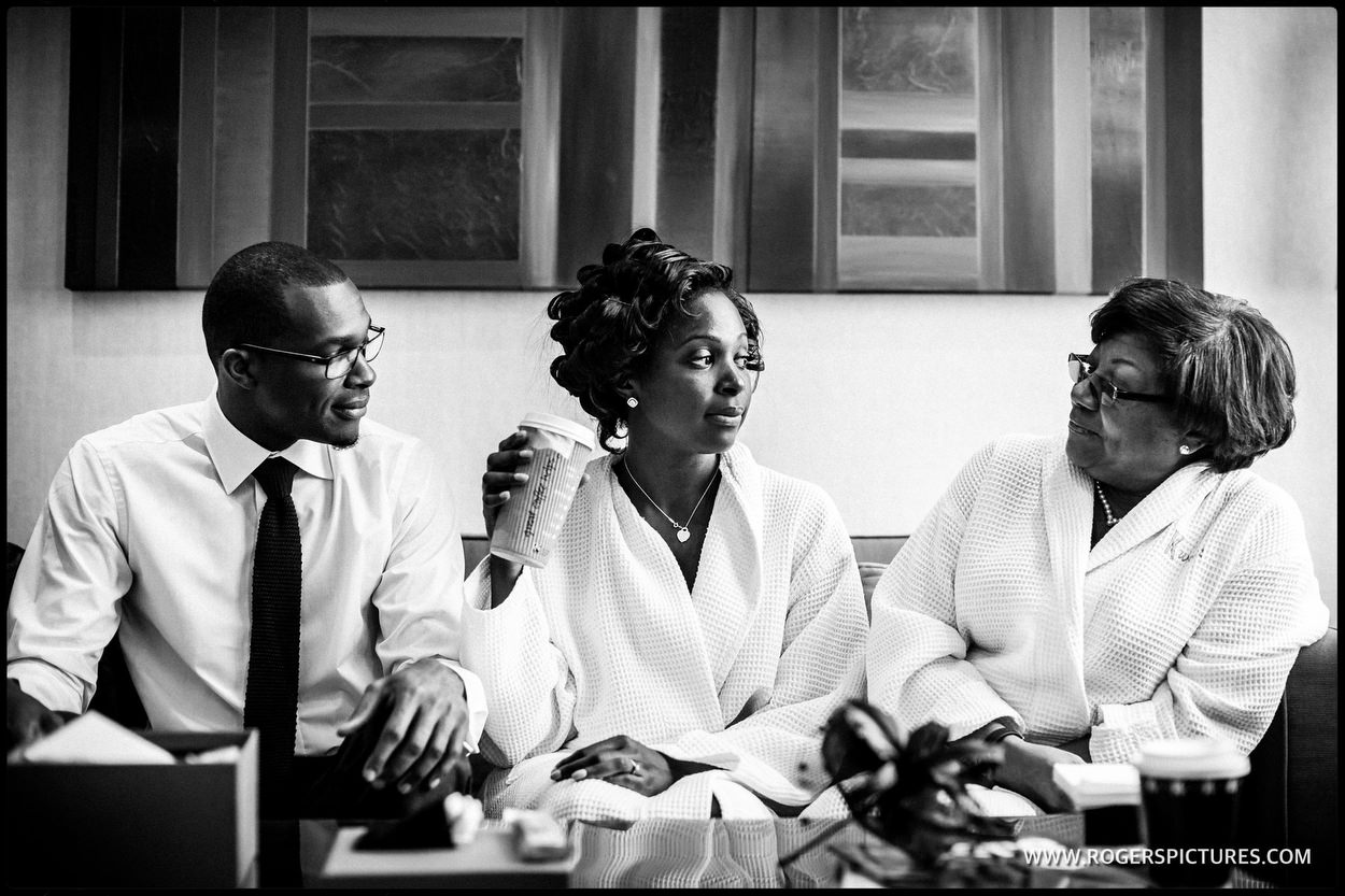 Black-and-white photo of bride prep