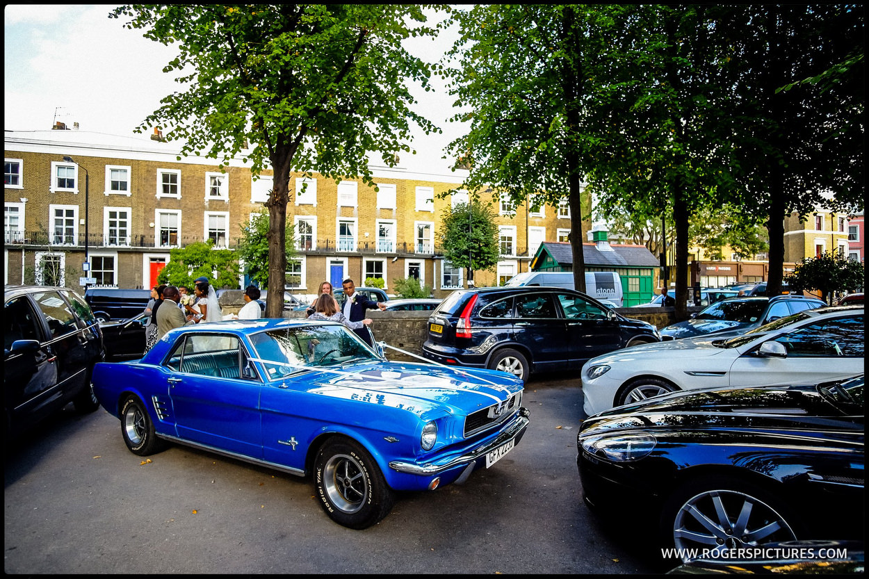 Blue Mustang wedding car