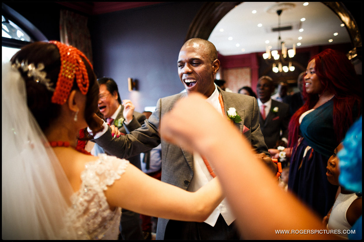 Bride and groom dancing at Hendon Hall Hotel