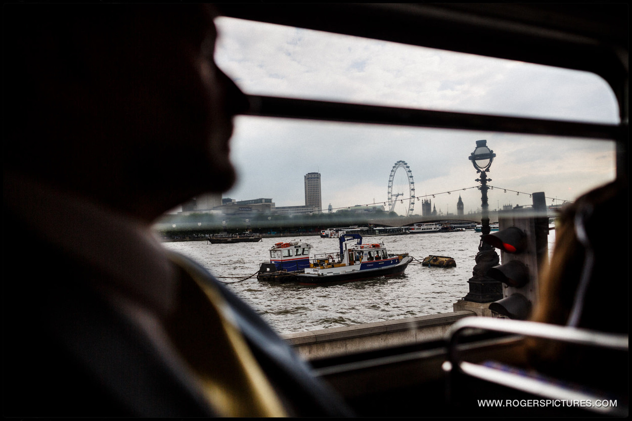 View across London and the River Thames from a wedding bus