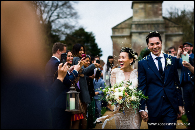 International Wedding at Babington House-52 Bride and groom outside the church at Babington house
