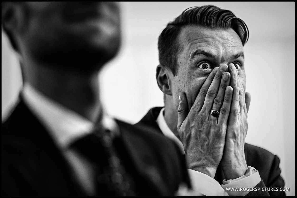 Groom reacts to best man speech during same-sex wedding speeches