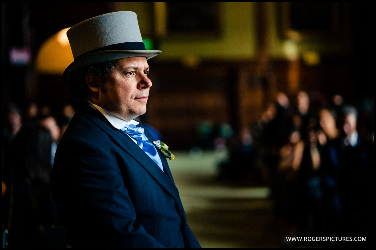 Groom in top hat in the Members Restaurant at Parliament