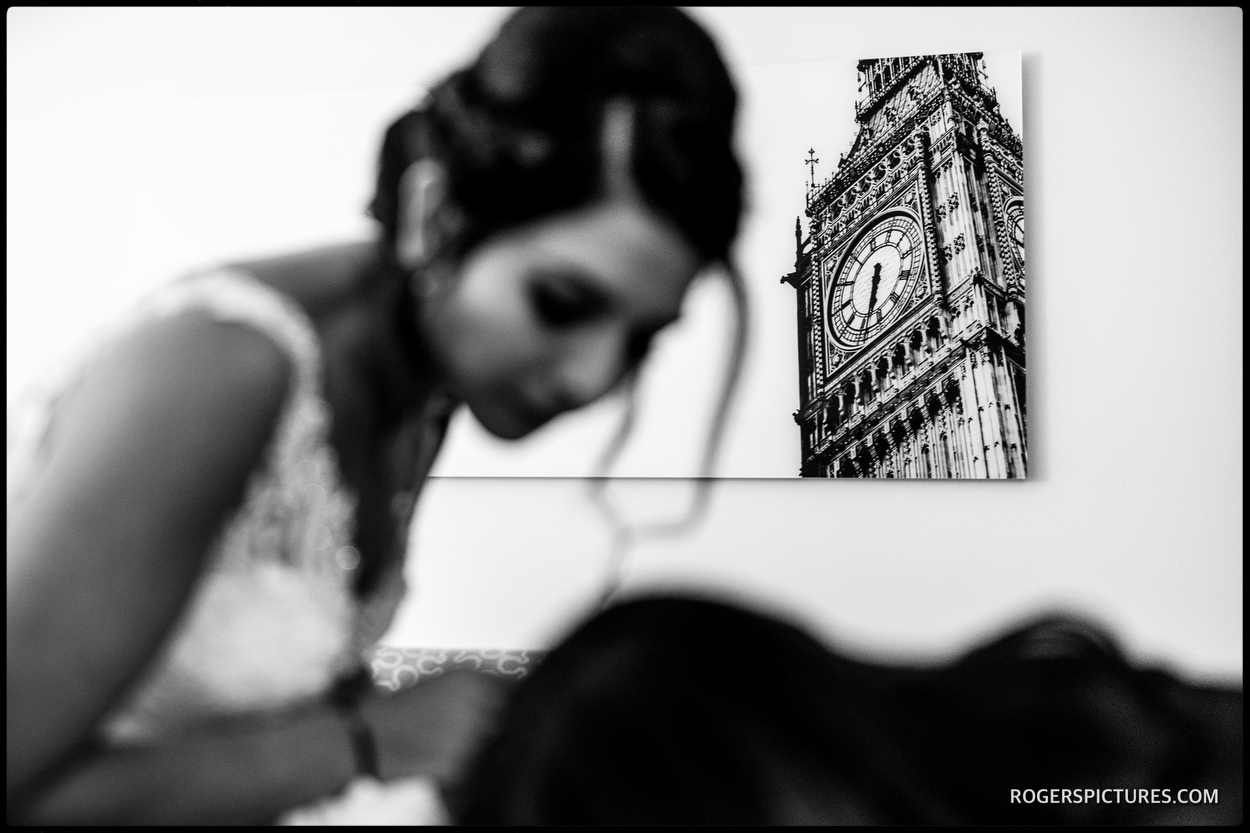 Bride in her wedding dress in front of Big Ben