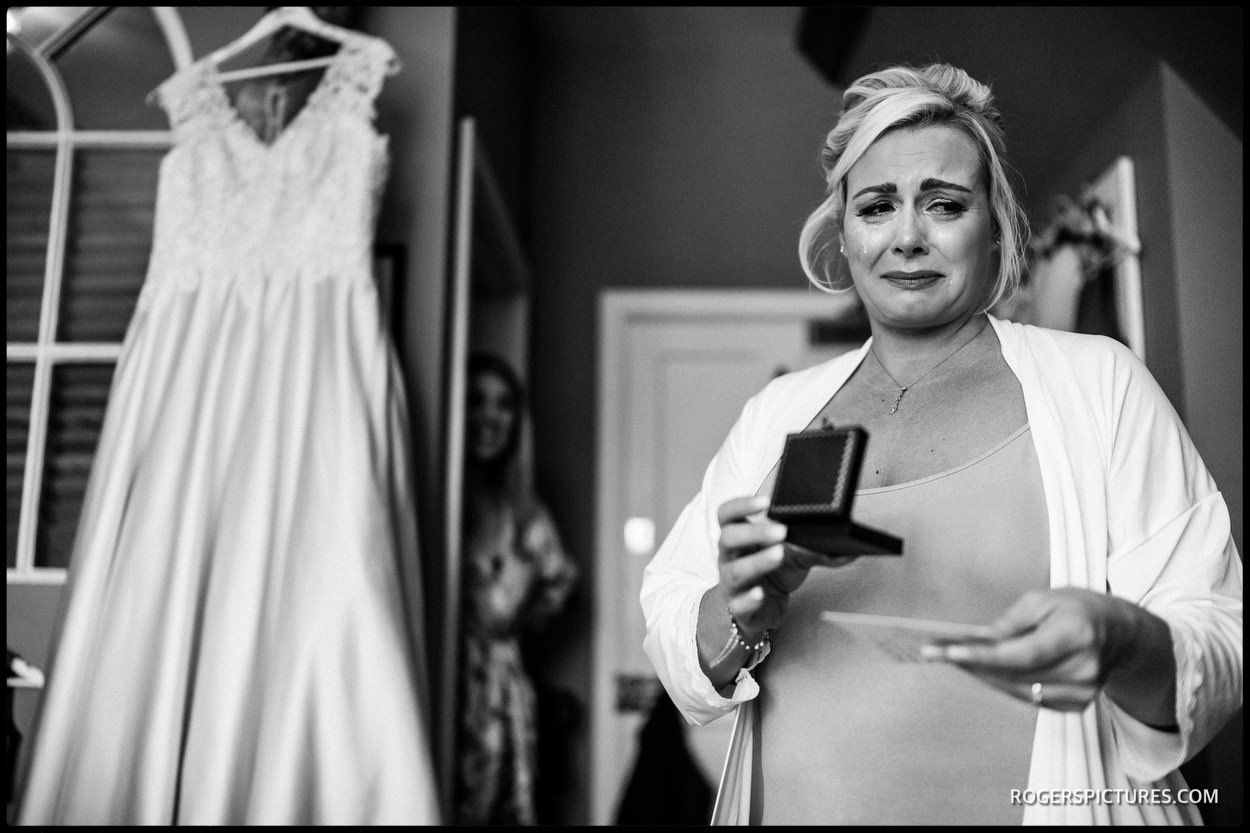 Emotional bride before Sussex wedding