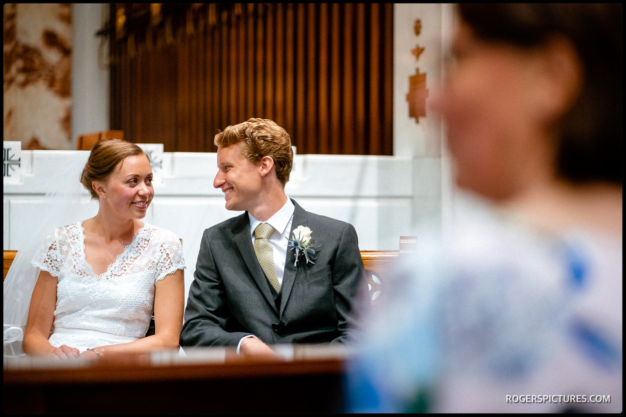 Newly married couple at Guards' Chapel in London