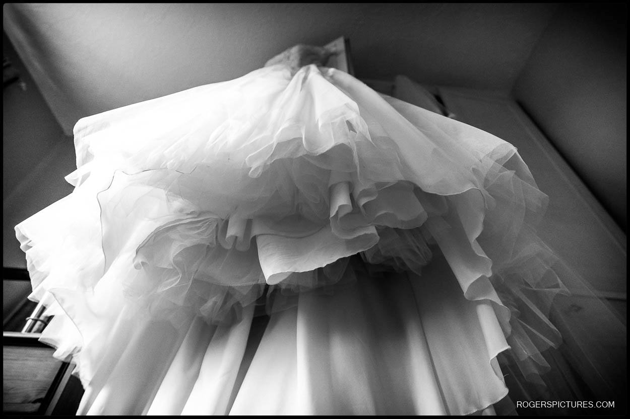 Black and white photo of wedding dress