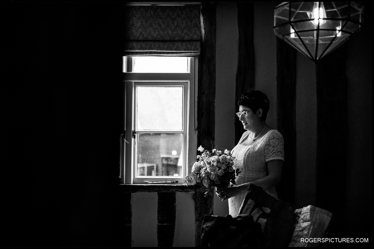 Black and white photo of bride ready to get married